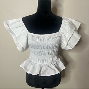 Zara Women’s White Smocked‎ Ruffled Butterfly Sleeve Peplum Cotton Crop Top Sz S